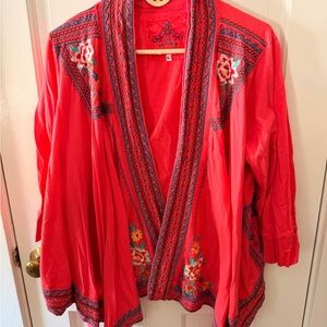 JOHNNY WAS Pinkish/Red Embroidered Kimono Cardigan